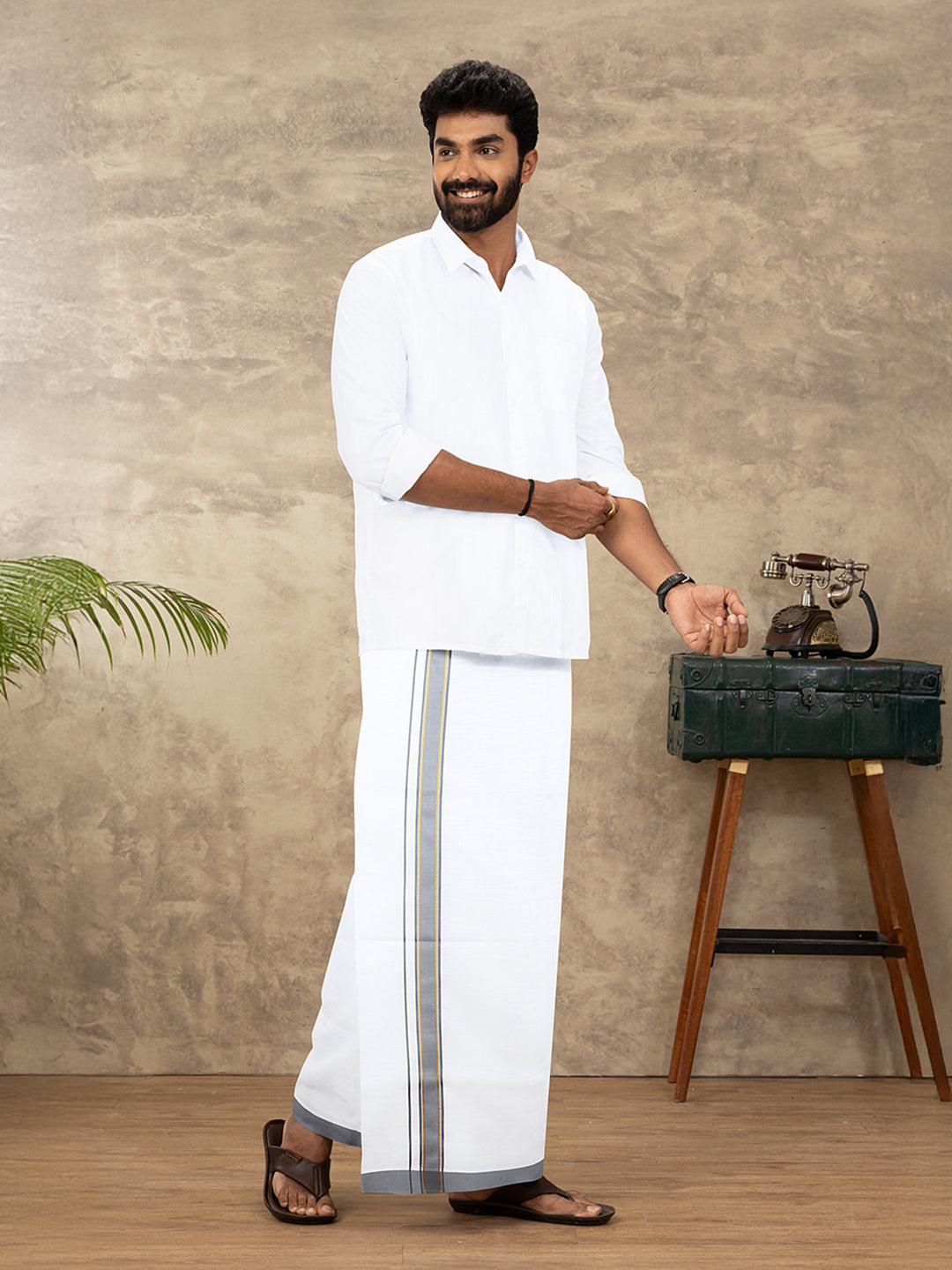 Men Cotton Blend Single Layer White Dhoti with Fancy Jari Border HGF28