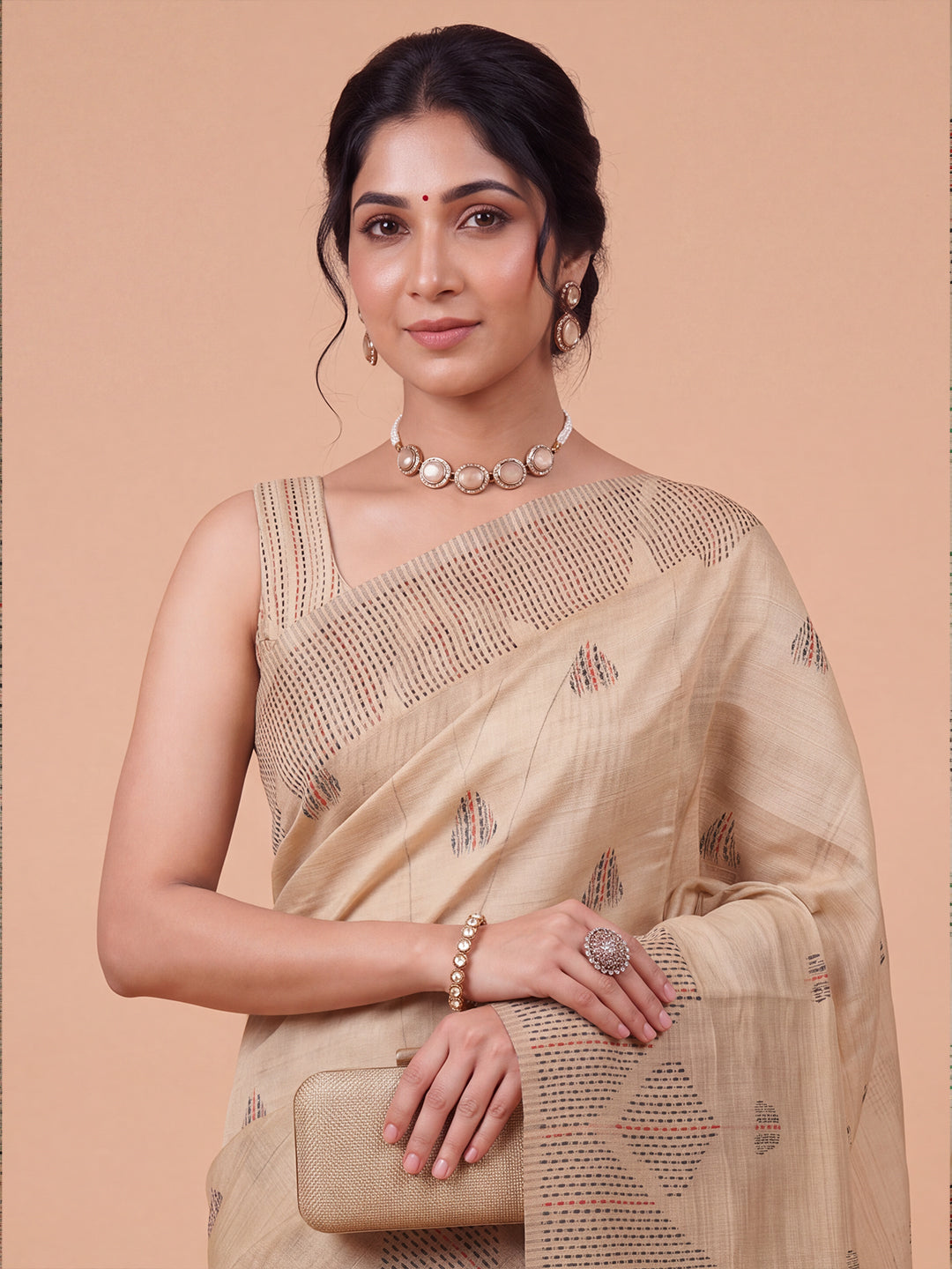 Women Kora Cotton Brown Printed Saree KC01