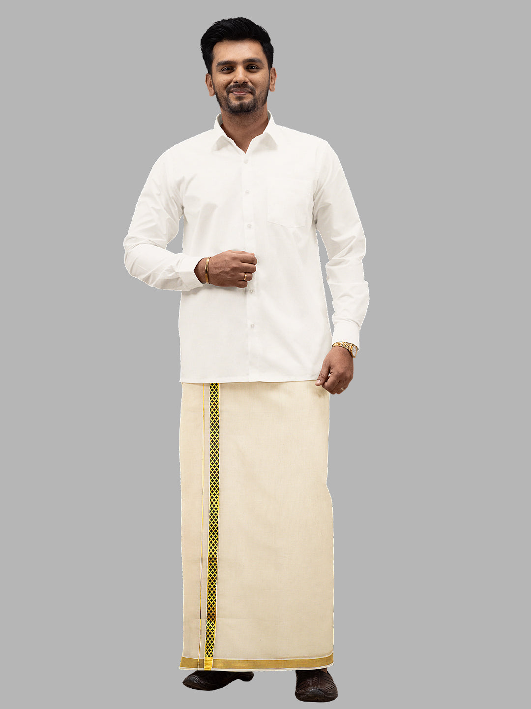 Men Kora Cotton Double Layer Dhoti with Black Fancy Jari Border Pazhassi Royal