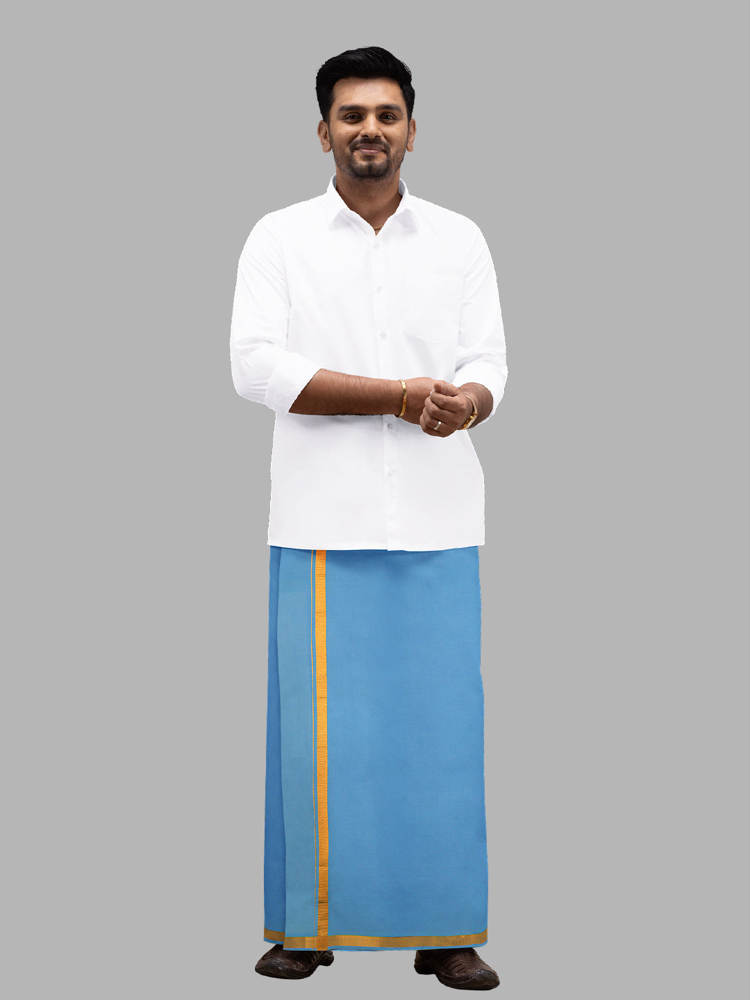 Men Cotton Blend Single Layer Blue Dhoti with Gold Jari Border Cosmic 4