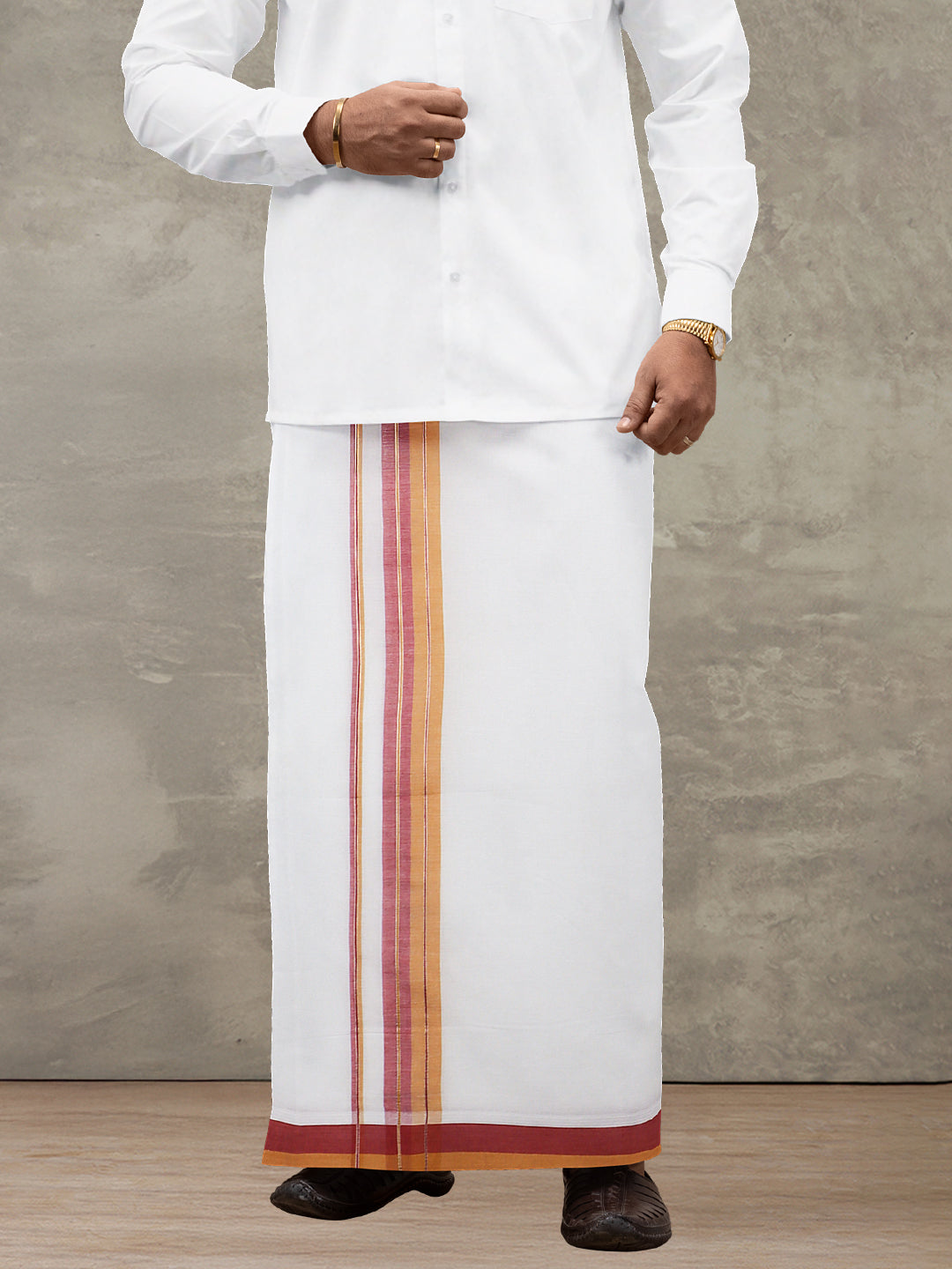 Men 100% Cotton Double Layer White Dhoti with Fancy Jari Border EJF10