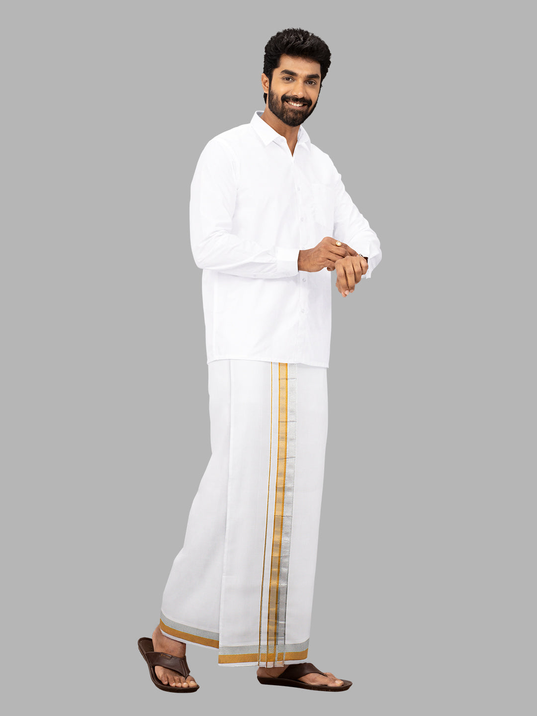 Men 100% Cotton Single Layer White Dhoti with Fancy Jari Border Silver Grand