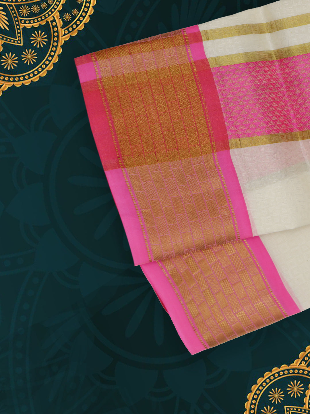 Men Pure Silk Cream Dhoti & Towel Set with 3" inch Pink & Gold Fancy Jari Border