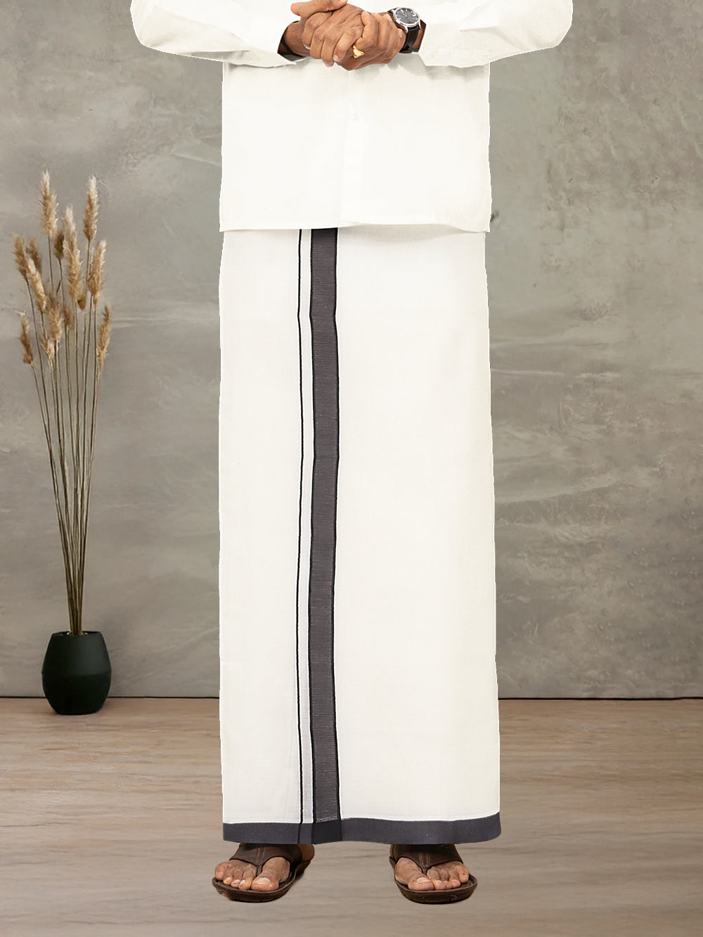 Men Kora Cotton Double Layer Dhoti with Fancy Border RKP01