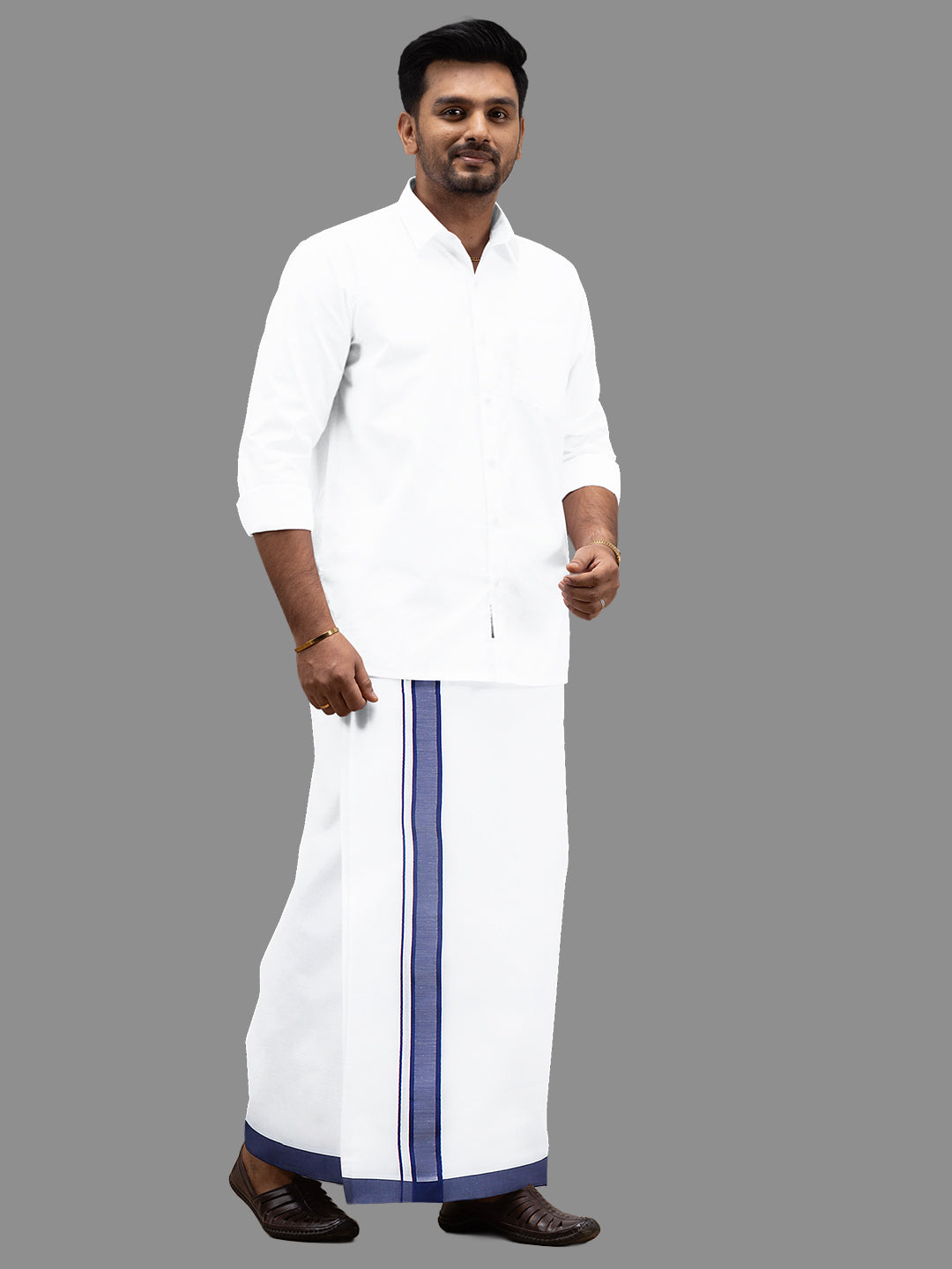 Men Navy Fancy Border Double Layer Dhoti Terra Plain