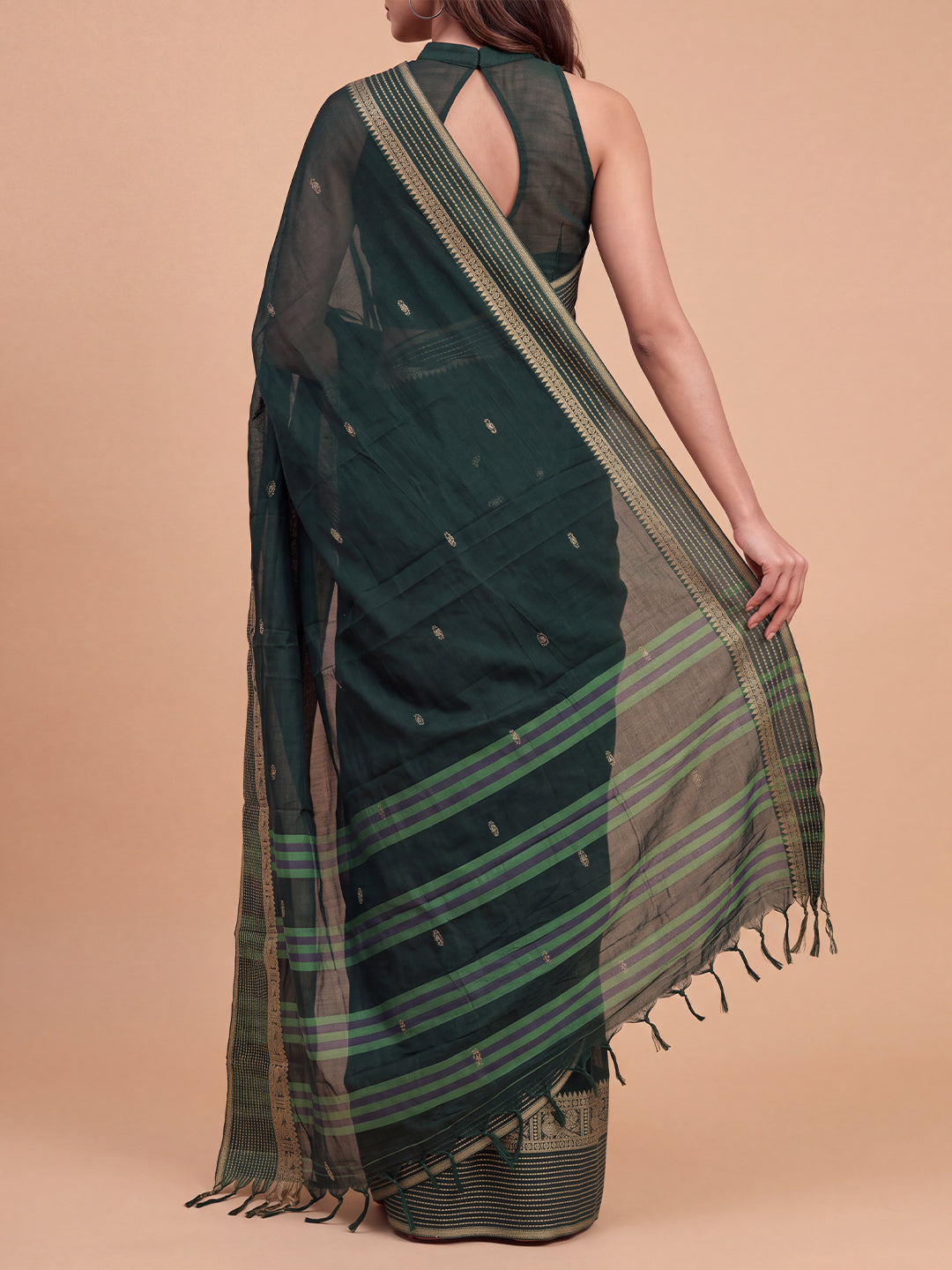 Women Mercerised Cotton Dark Green Embroidered Saree PCS295