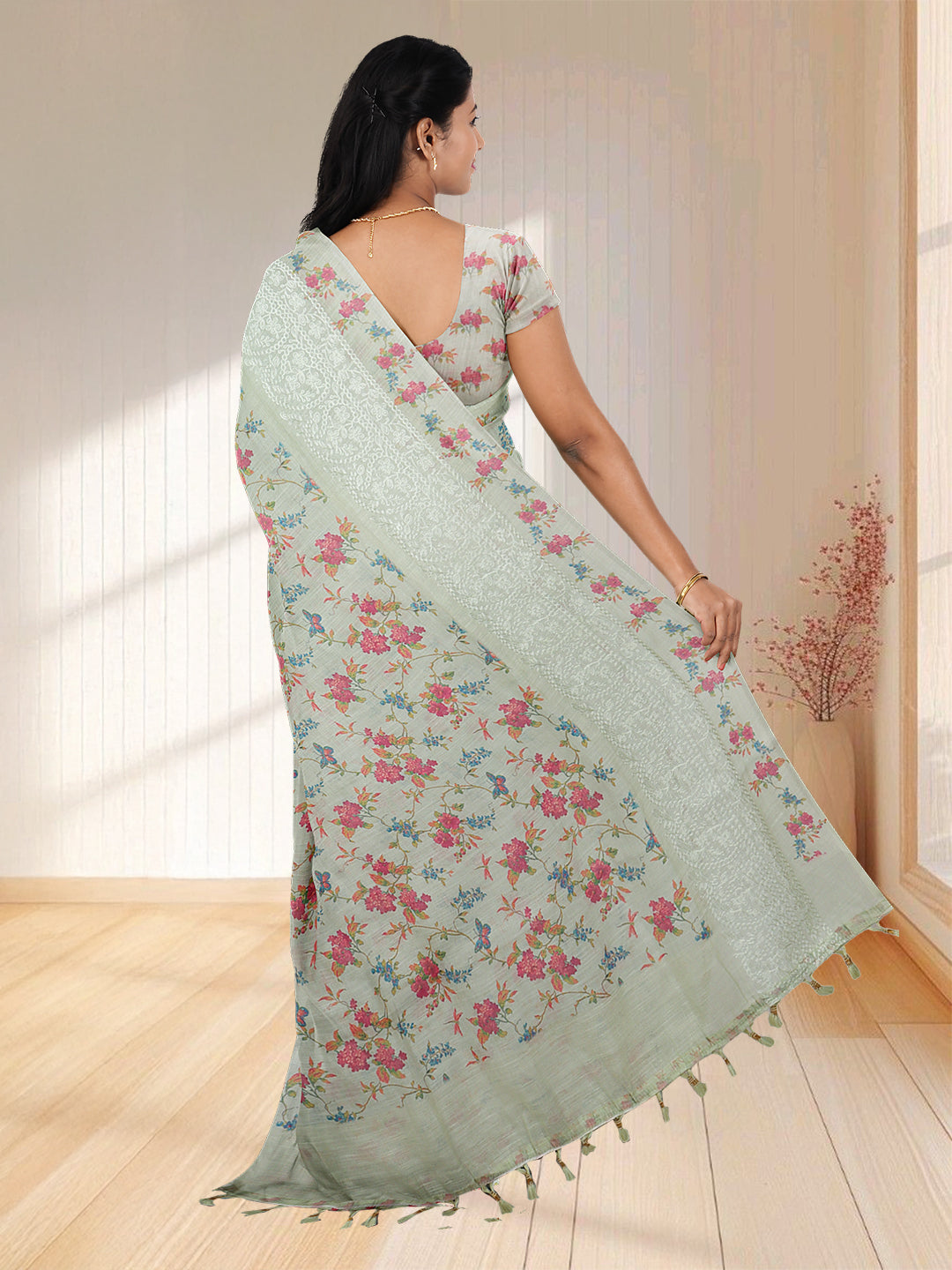 Women Semi Linen Saree Light Yellow SL208