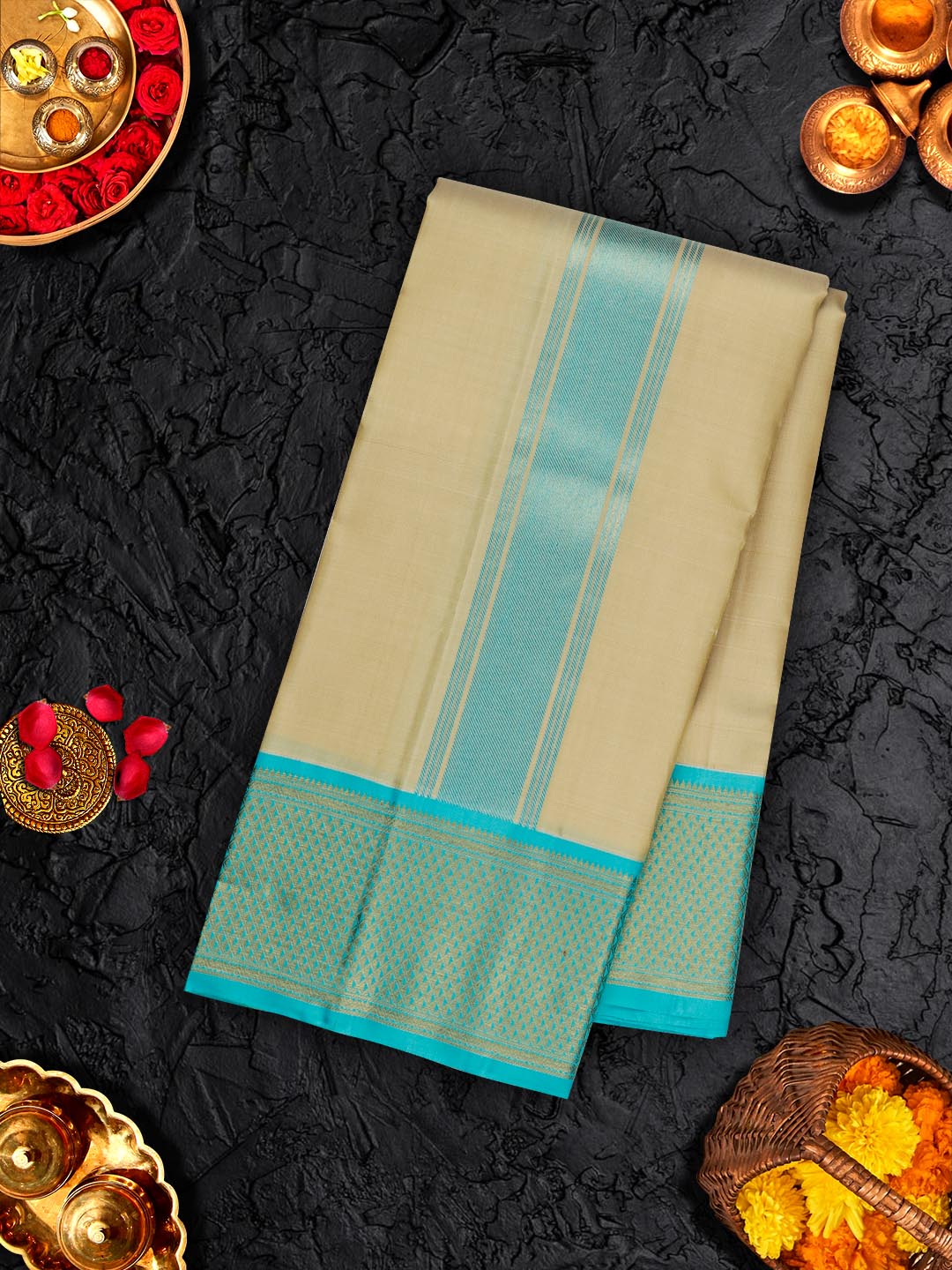 Premium Pure Silk Cream Dhoti With Angavastram 4 1/2" Sky Blue Korvai Jari Border Agarshanaa-View two