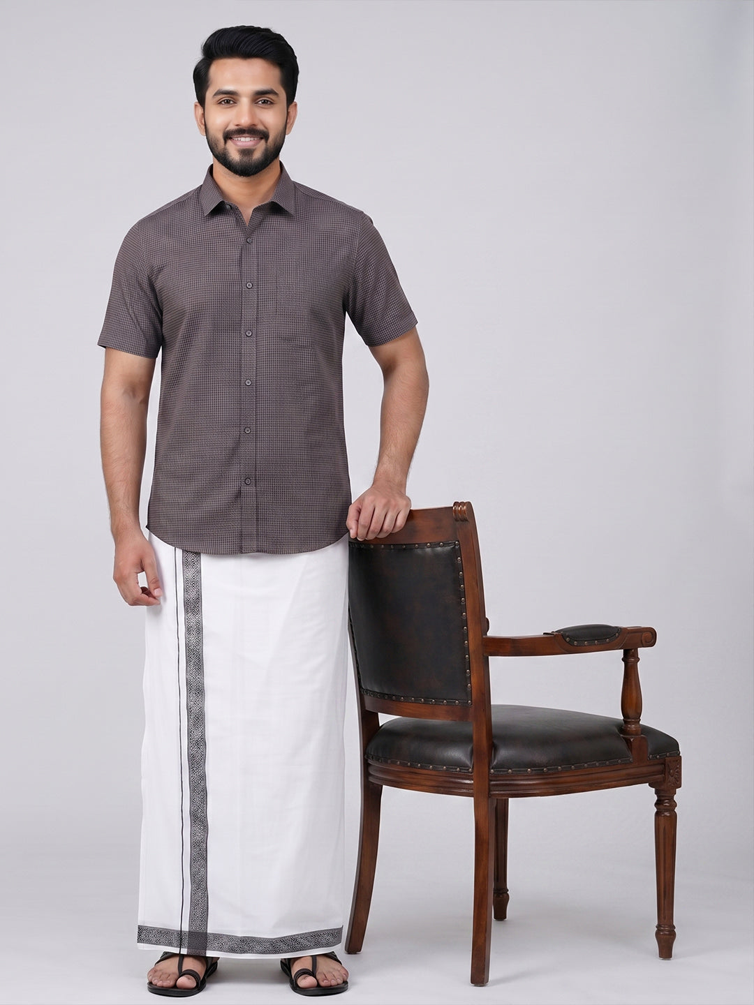 Men Greyish Black Matching Border Dhoti With Printed Shirt Set Windsor HNJ7
