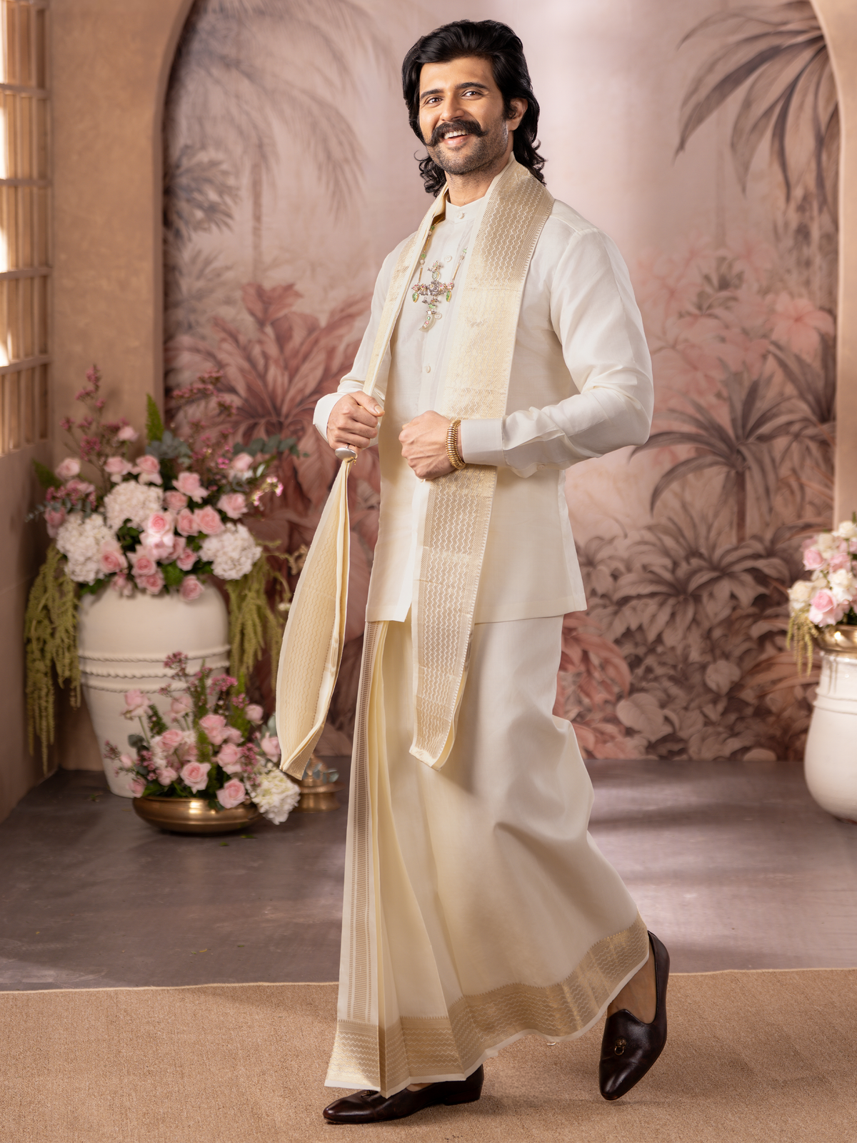 LAGNAA Premium Pure Silk Cream 3X1 Set | Dhoti / Panchakacham, Shirting Fabric & Towel Set | 4-Inch Jari Border | Rajdharbar