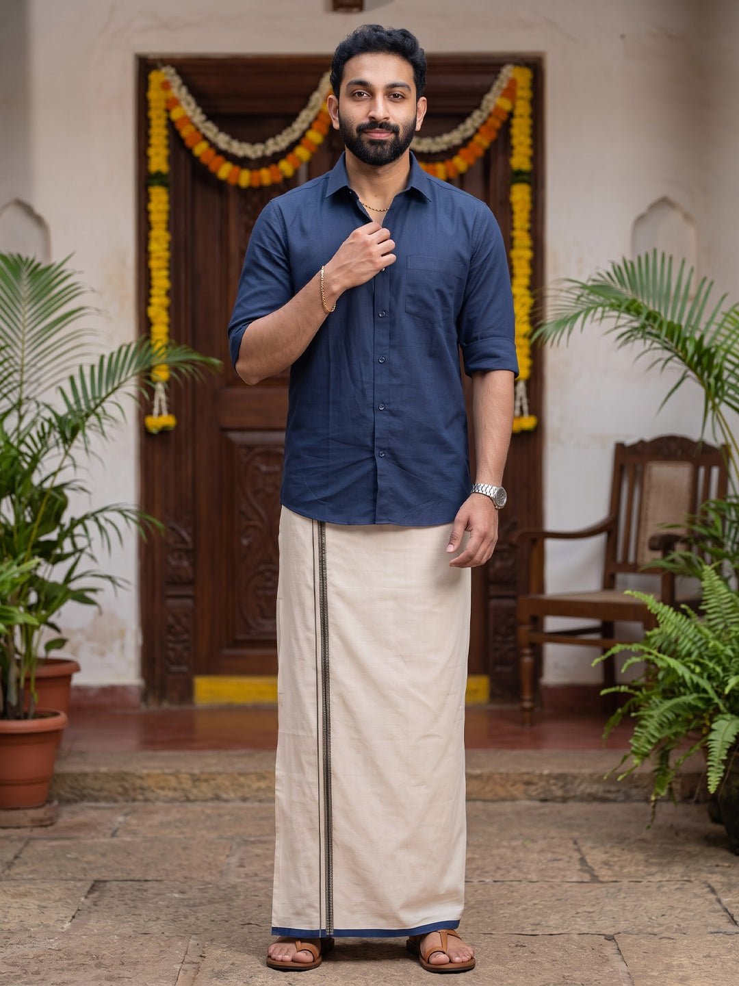 Double Layer 100% Cotton Cream Kora Dhoti with Colour Border - BJK03