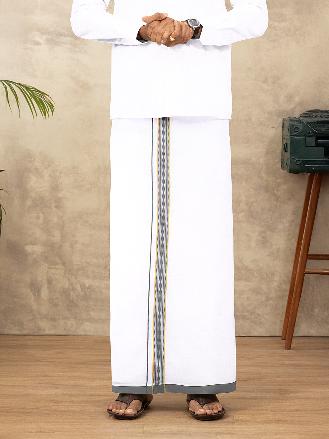Men Cotton Blend Single Layer White Dhoti with Fancy Jari Border WGF14