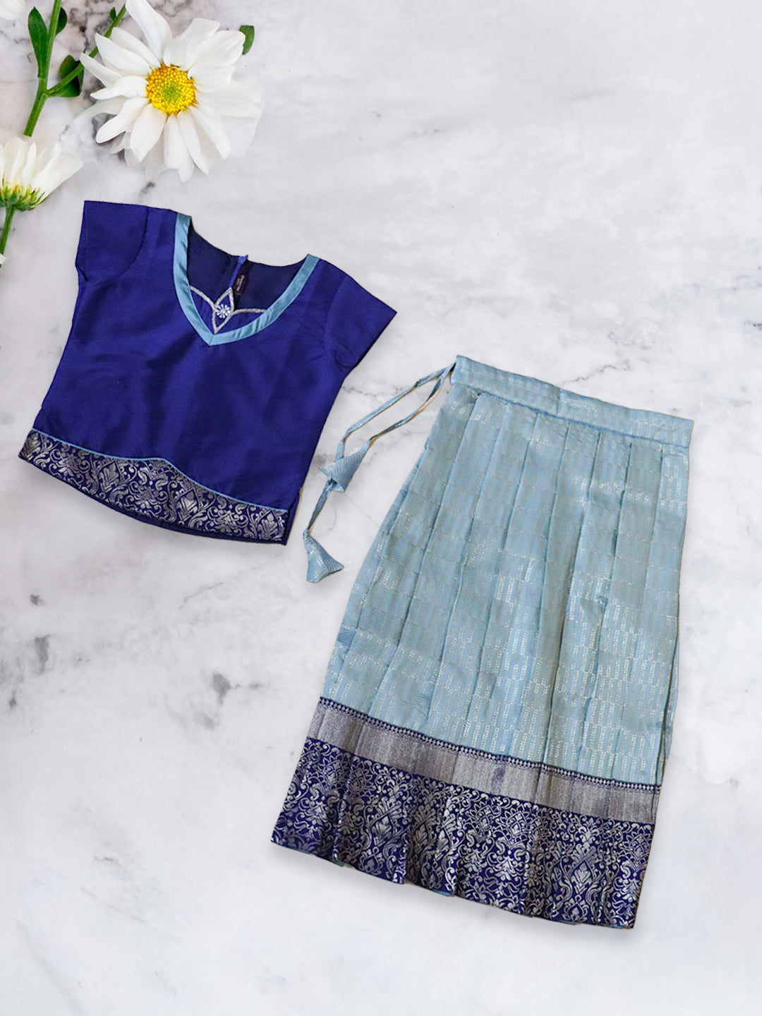 Girls Traditional Silk Cotton Skirt Set Blue GPS22