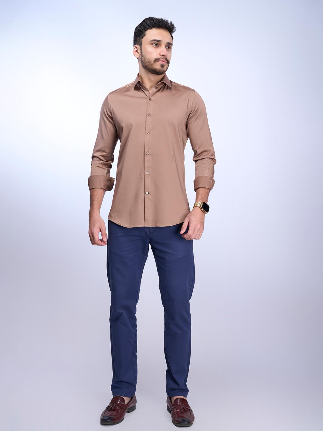 Men Stretch Cotton Shirt Light Brown FS9