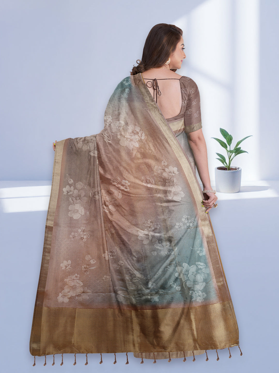 Women Pink with Blue Tissue Saree TS52