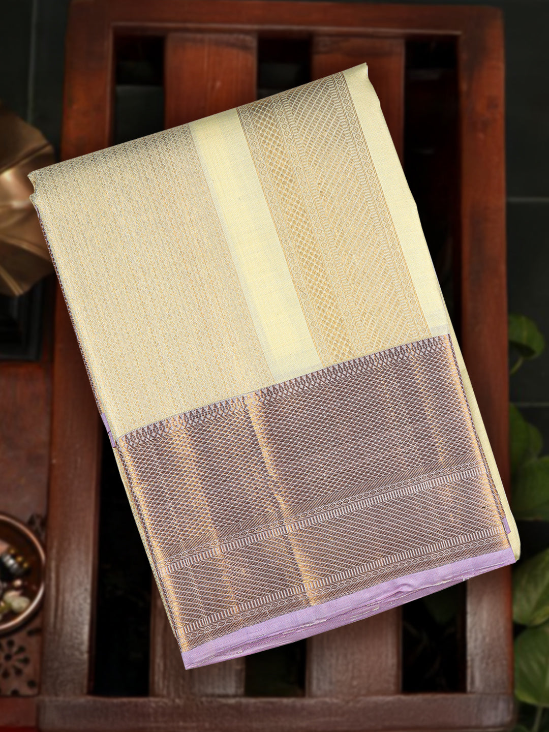 Men Elegant Premium Pure Silk Cream Dhoti & Towel Set with 6" inch Gold Jari Border Amirtham AM12