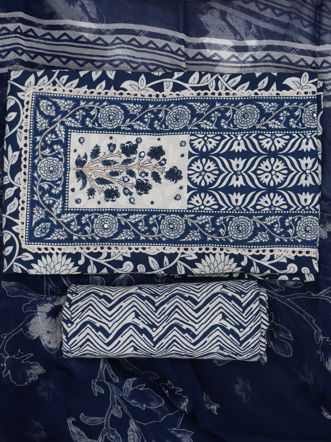 Women Pure Cotton Printed Dress Material Dark Blue DM316