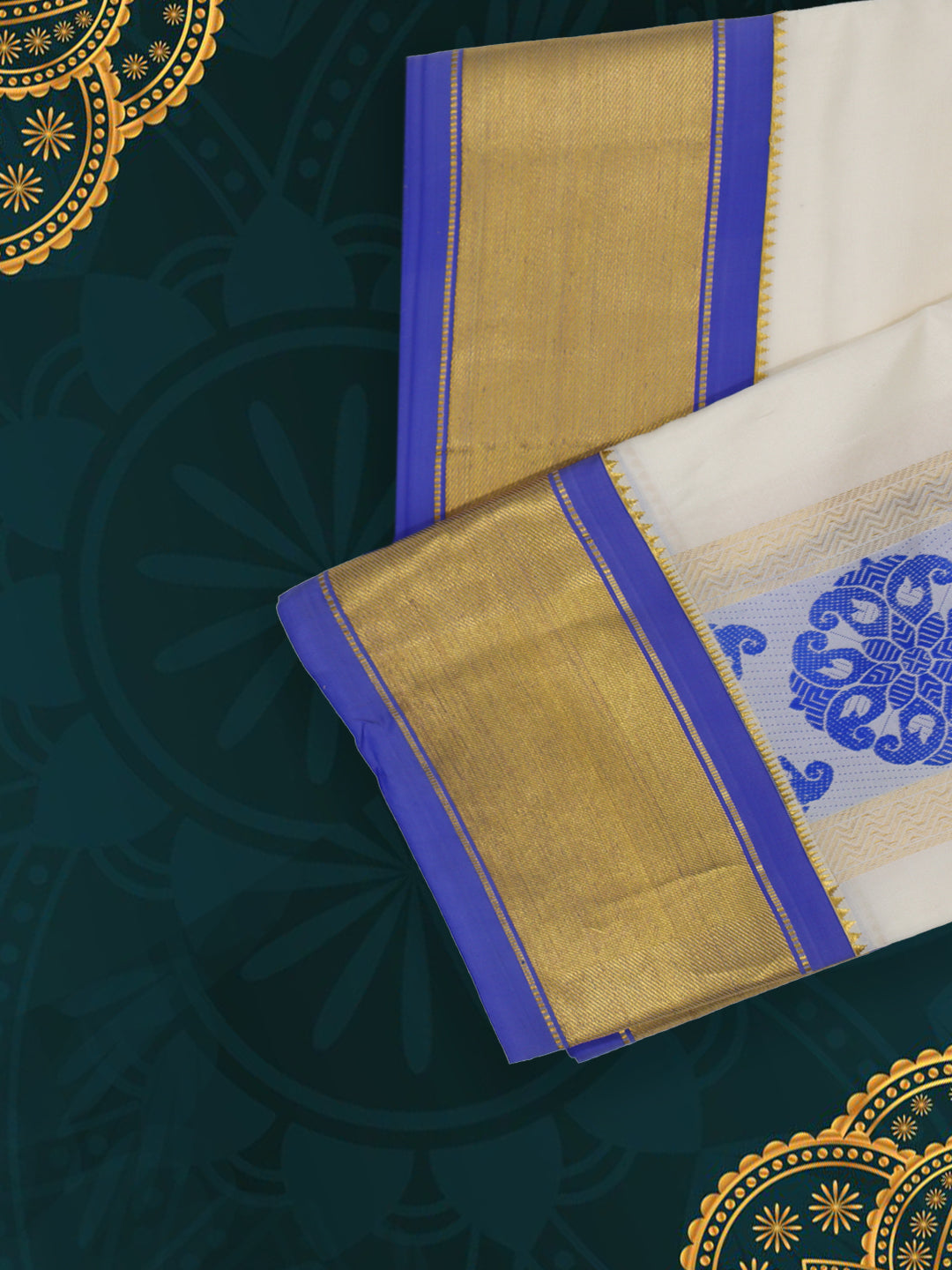 Men’s Pure Silk Cream Dhoti and Towel Set with 3-inch Ink Blue & Gold Fancy Jari Border TF04