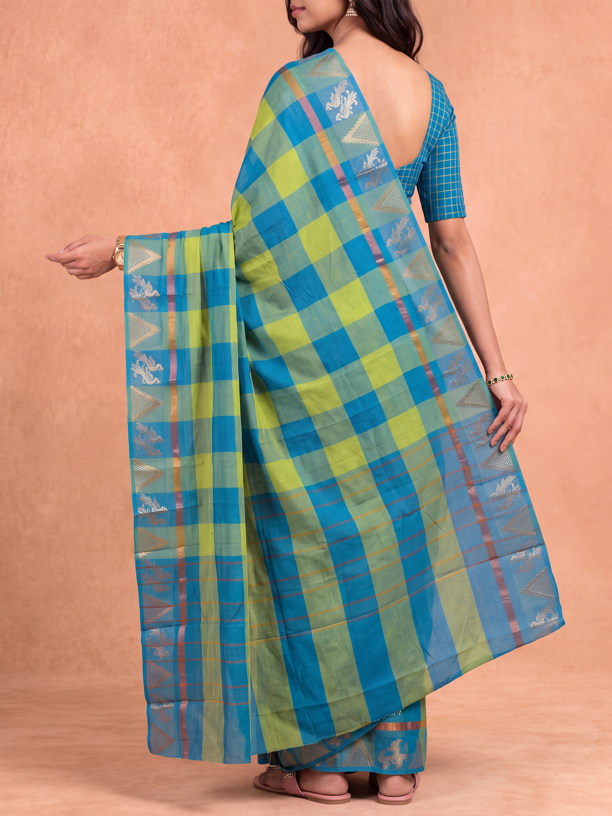 Women Chettinad Cotton Blue with Green Saree CCS19