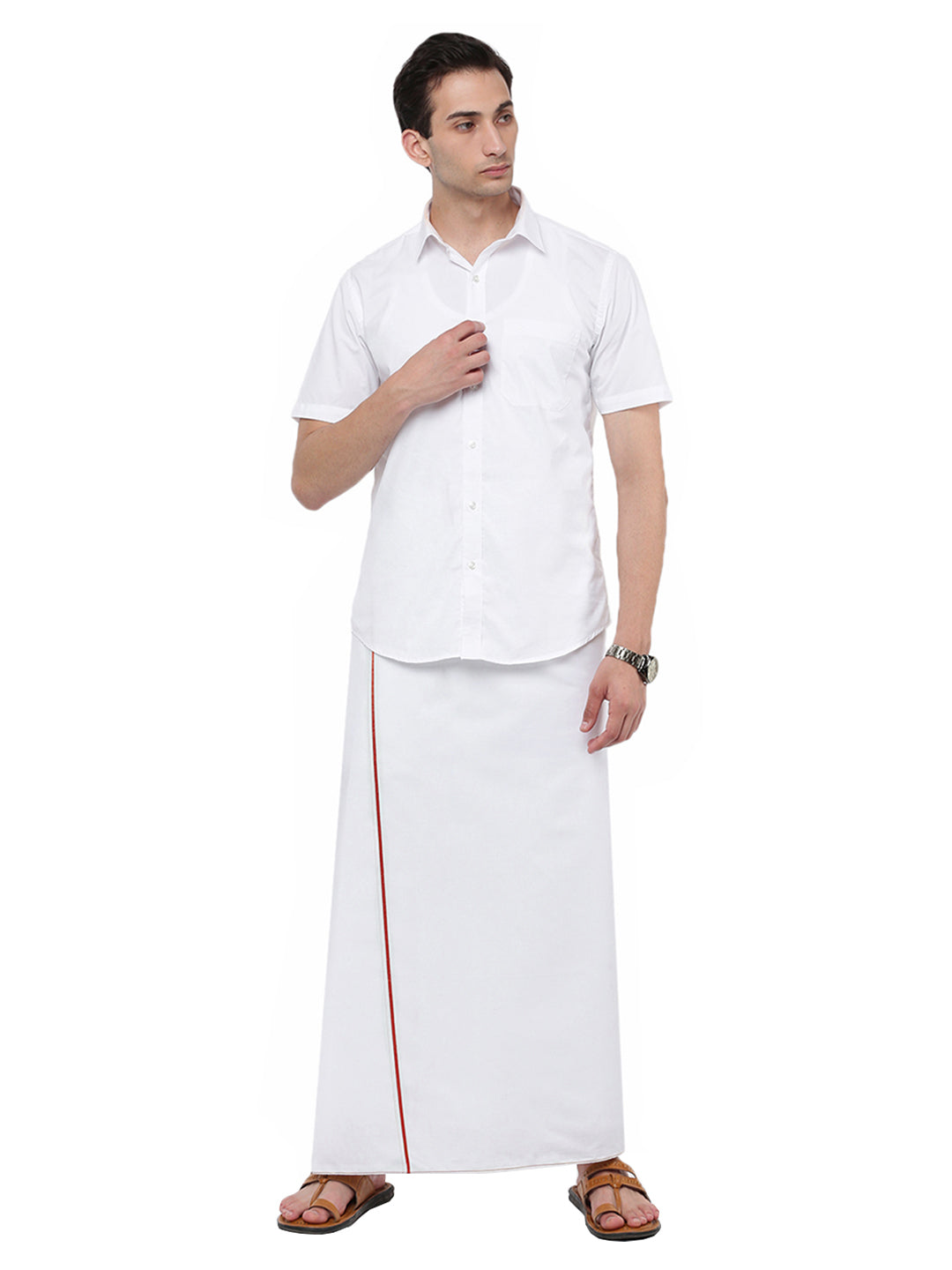 Men 100% Cotton Single Layer White Dhoti with Assorted Border Kovai Cotton Plus