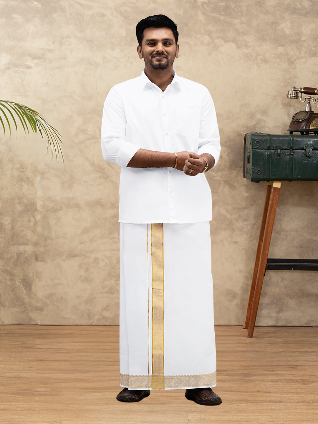 Men 100% Cotton Single Layer White Dhoti with Gold Jari Border Aura 365