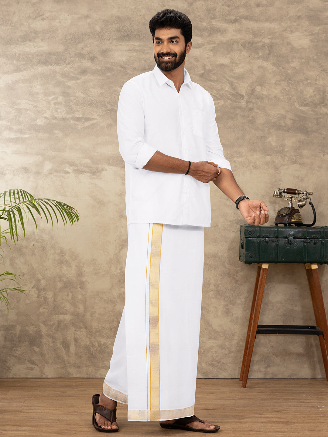 Men Cotton Blend Readymade Single Layer White Dhoti with Gold Jari Border GAA10