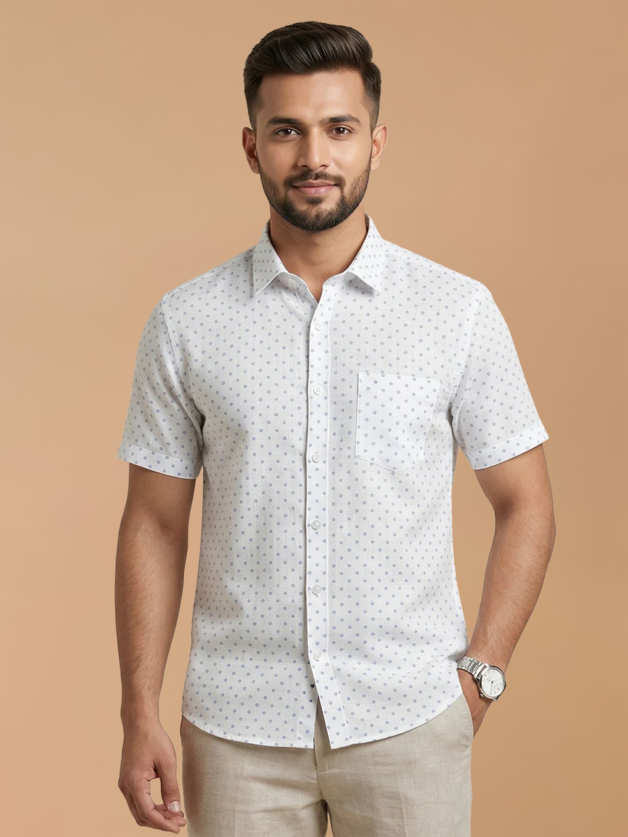 Cotton Rich White Printed Regular Fit Shirt T66 APT13