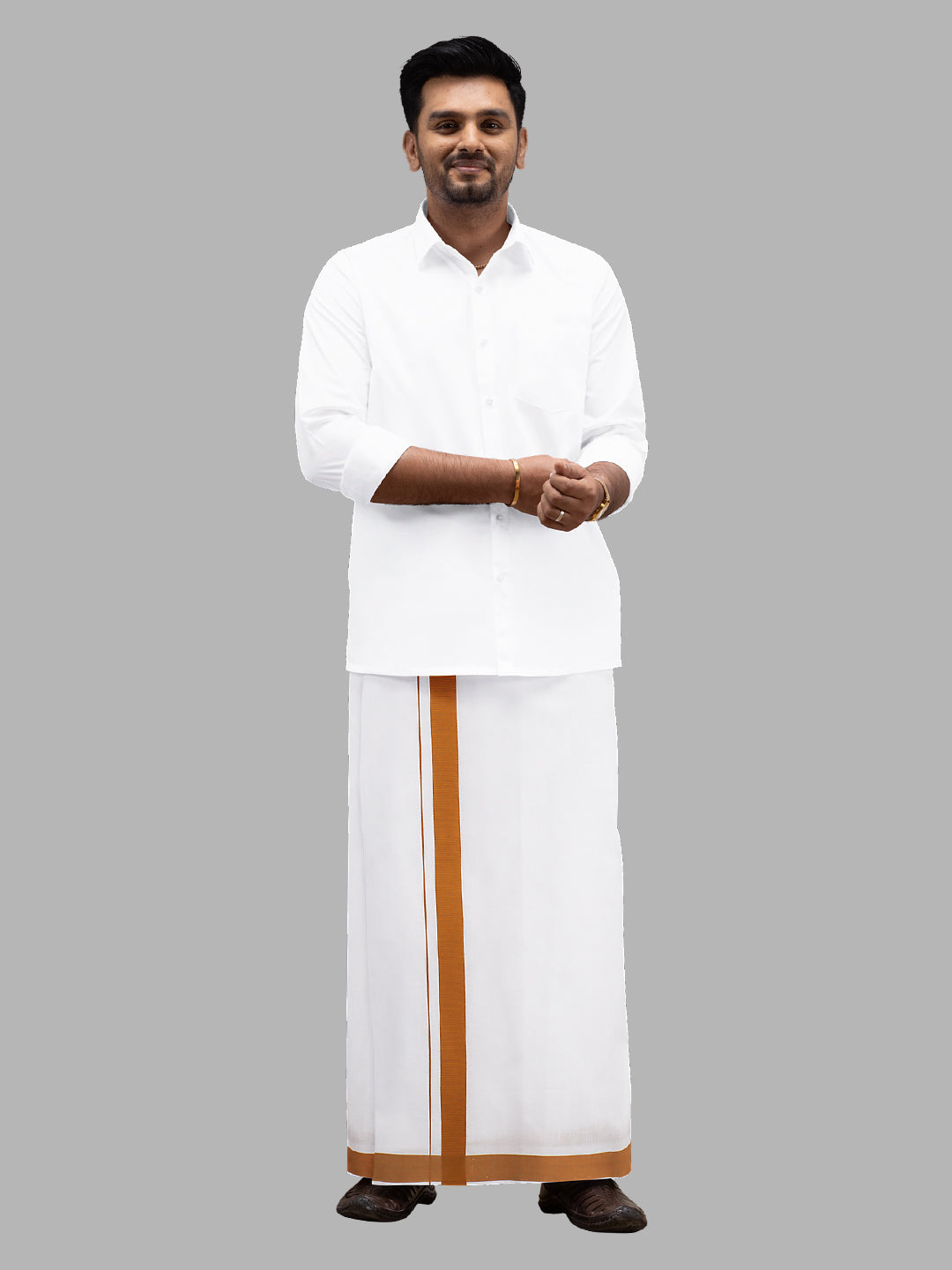 Men Cotton Blend Readymade Single Layer White Dhoti with Big Border GACS1