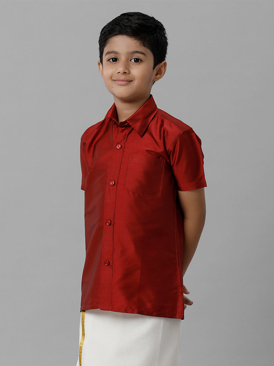 Boys Silk Cotton Maroon Half Sleeves Shirt K7-Side view
