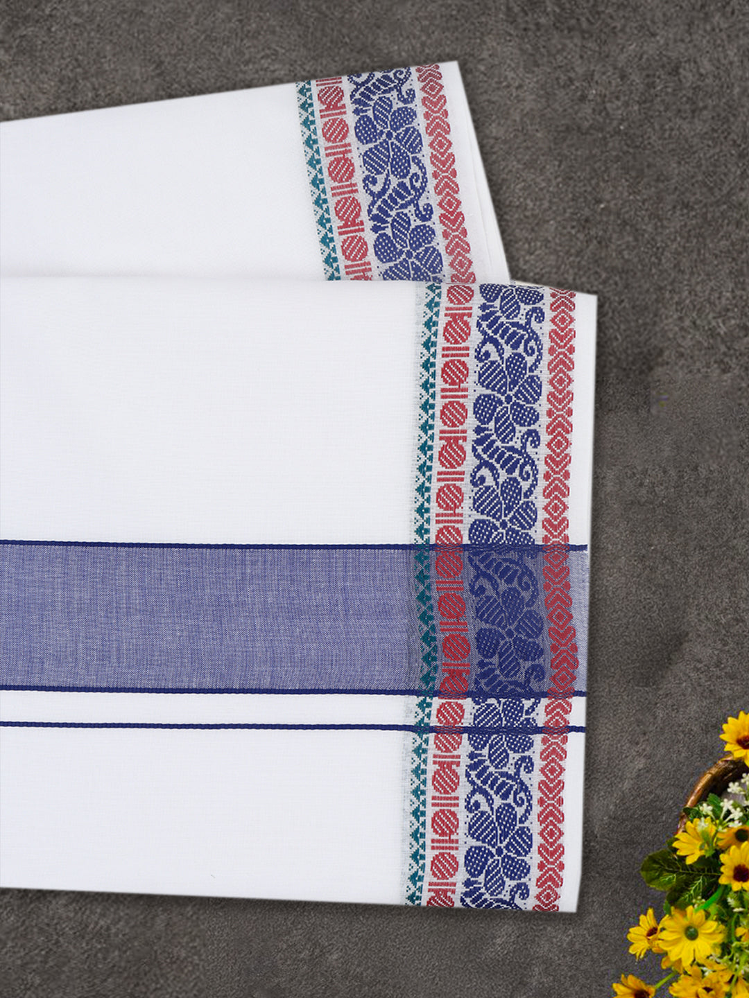 Men Cotton Navy Fancy Border Panchakacham with Angavasthram (9+5) JD10