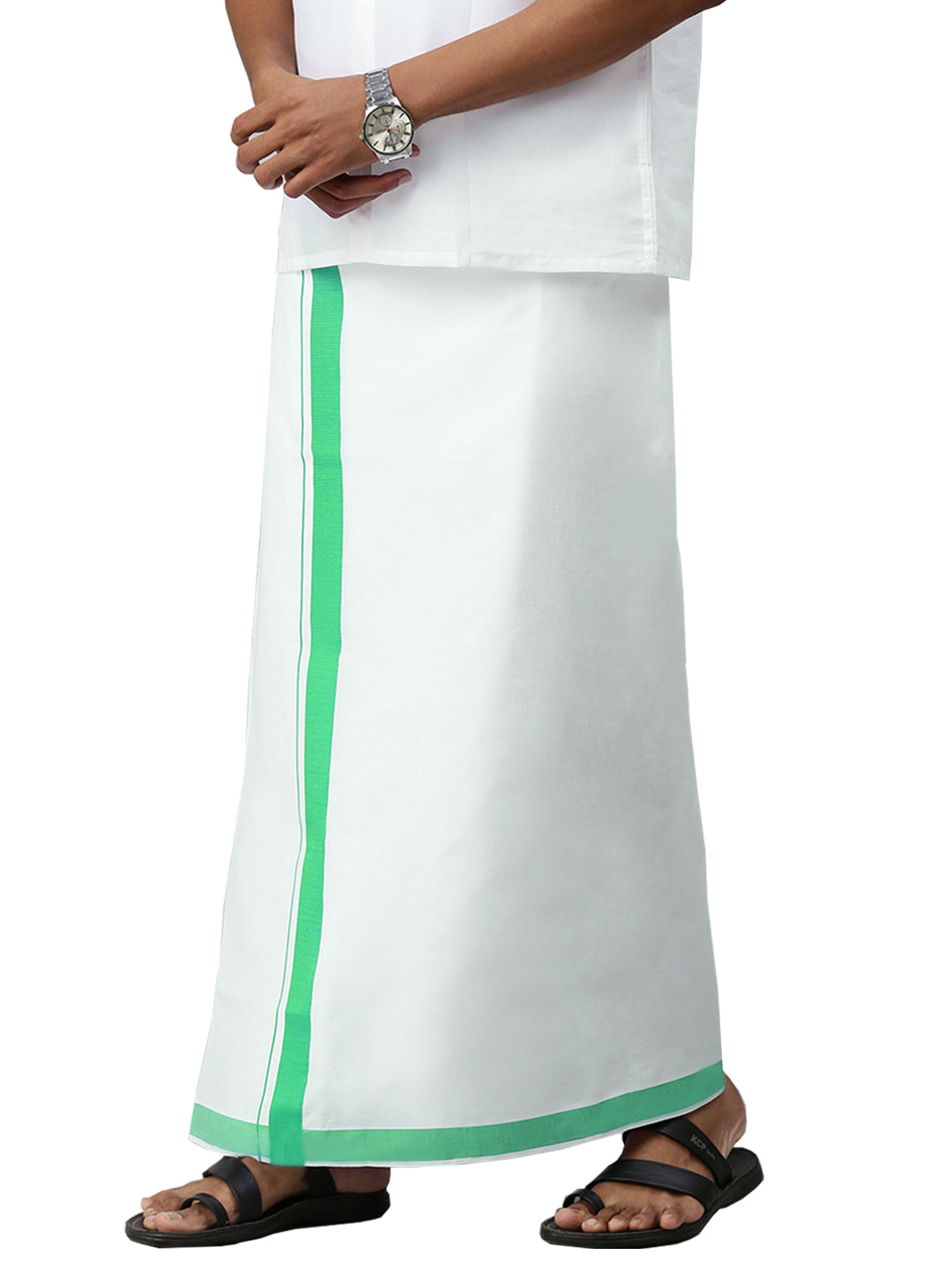 Mens Elegant Look Cotton Single Dhoti with Pastel Green Fancy Border