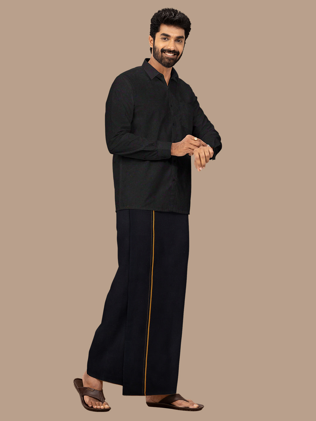 Men 100% Cotton Single Layer Black Dhoti with Assorted Border Poojan SB