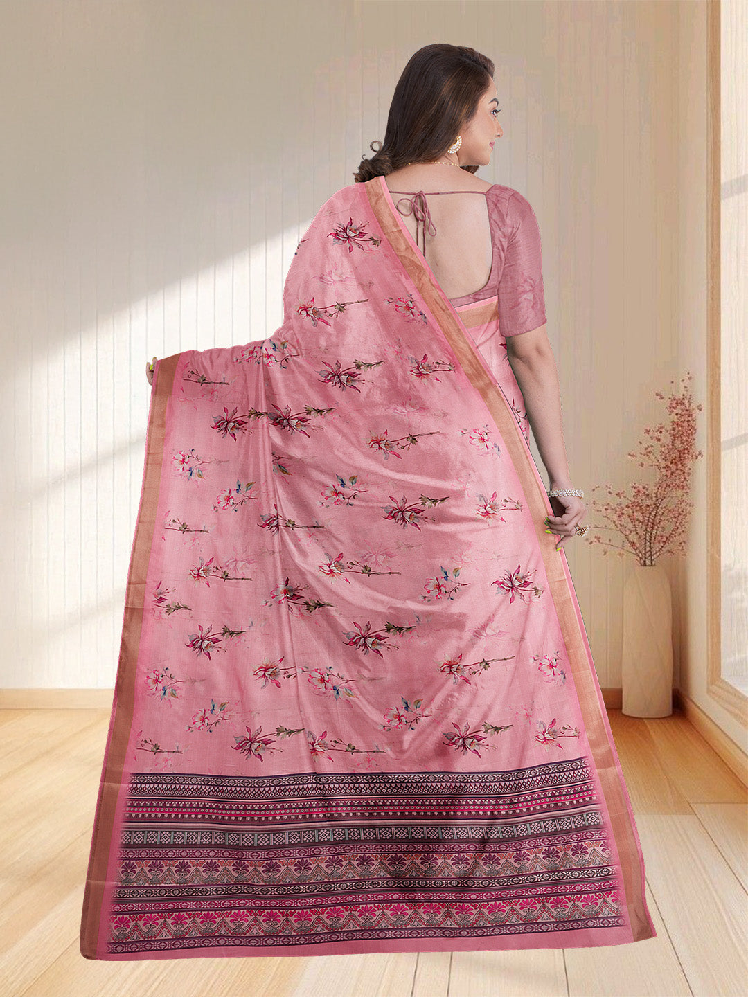 Women Pink Semi Tussar Printed Saree ST250