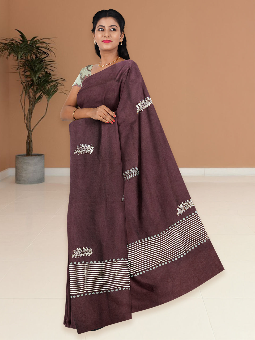 Women Maroon Cotton Saree with Double Blouse PCS208