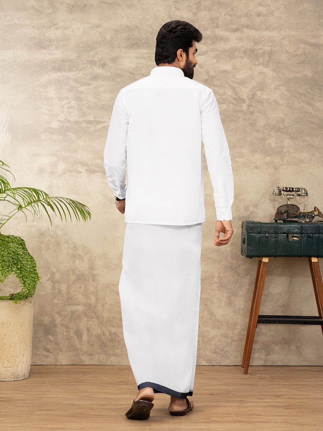 Men Cotton Blend Double Layer White Dhoti with Fancy Border TF03