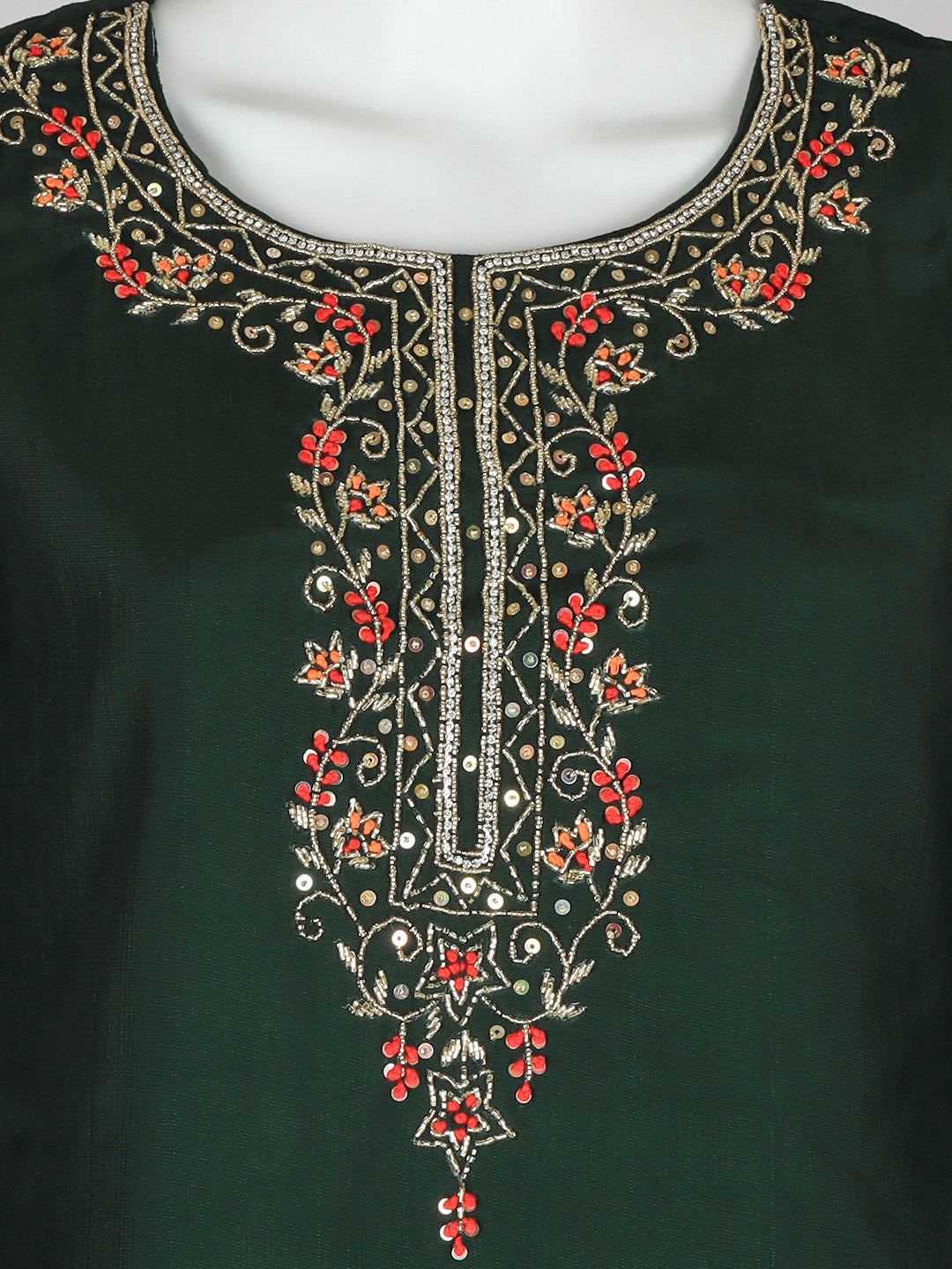 Women Silky Crush Embroidered Kurti Set Dark Green EKS92