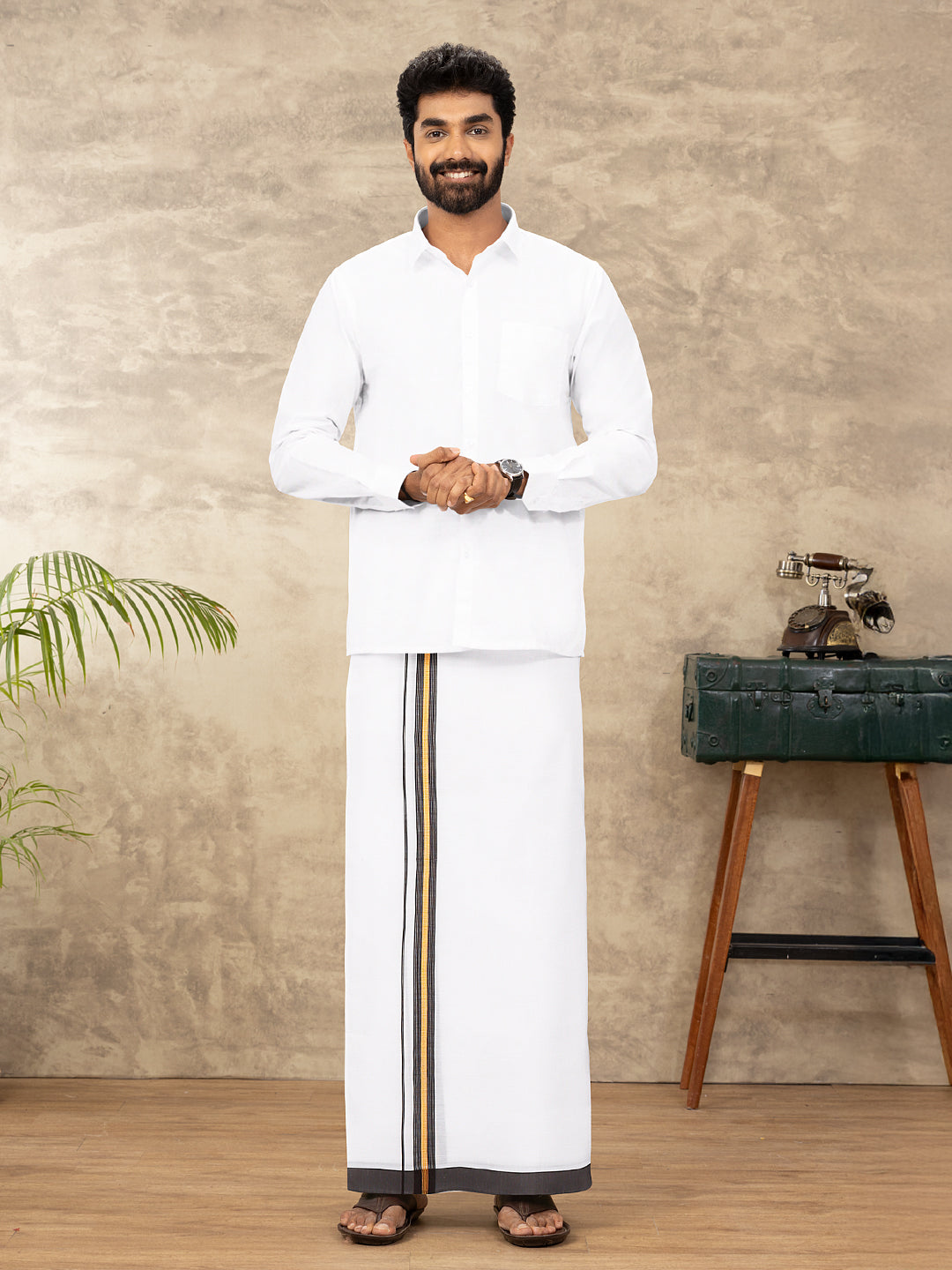 Men Cotton Blend Single Layer White Dhoti with Fancy Jari Border WGF13