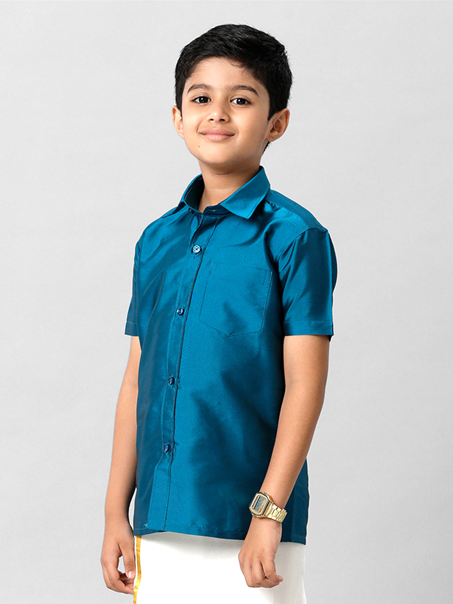 Boys Silk Cotton Light Blue Half Sleeves Shirt K1-Side view