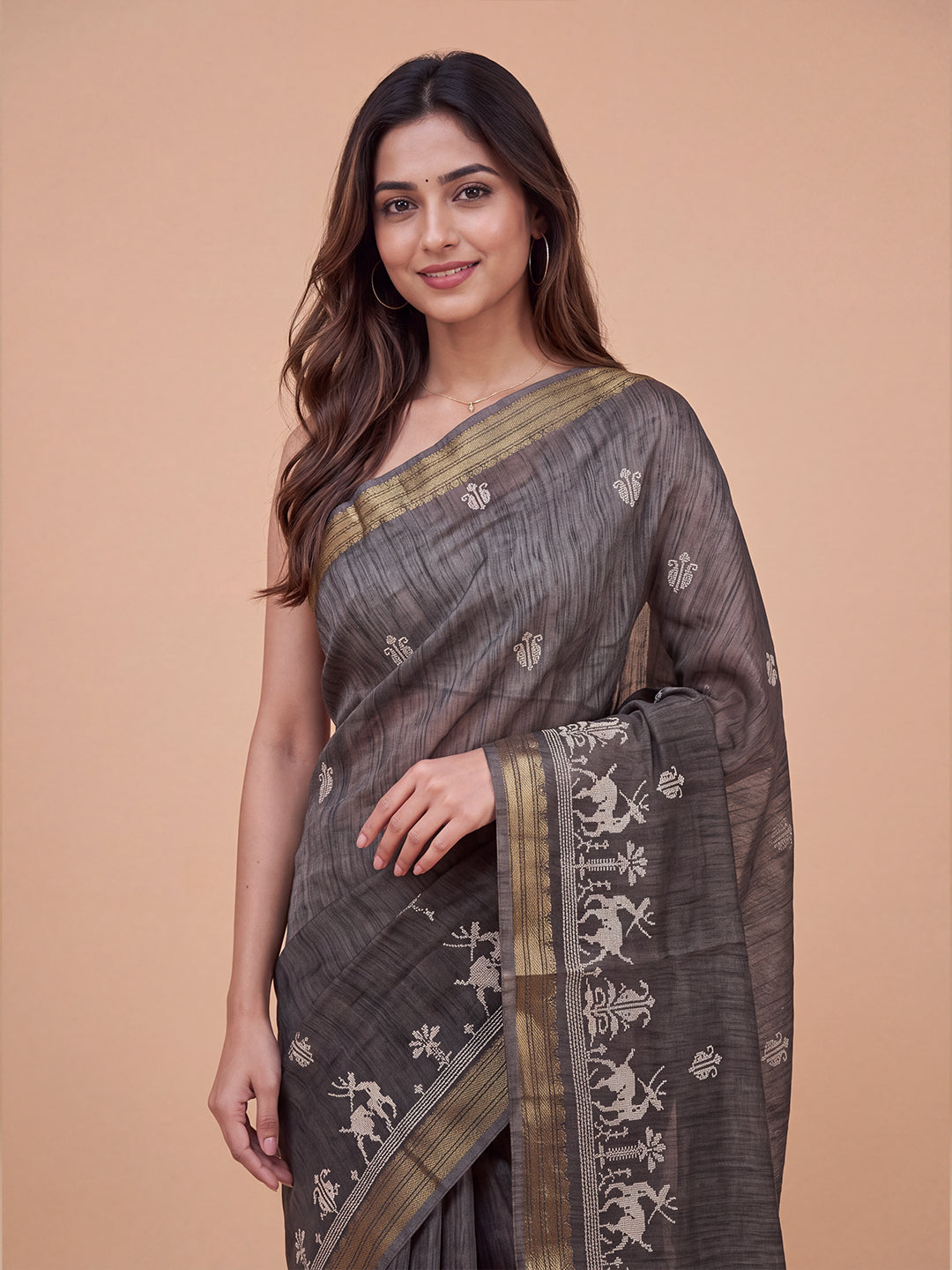 Women Semi Linen Dark Grey Embroidered Saree SL272