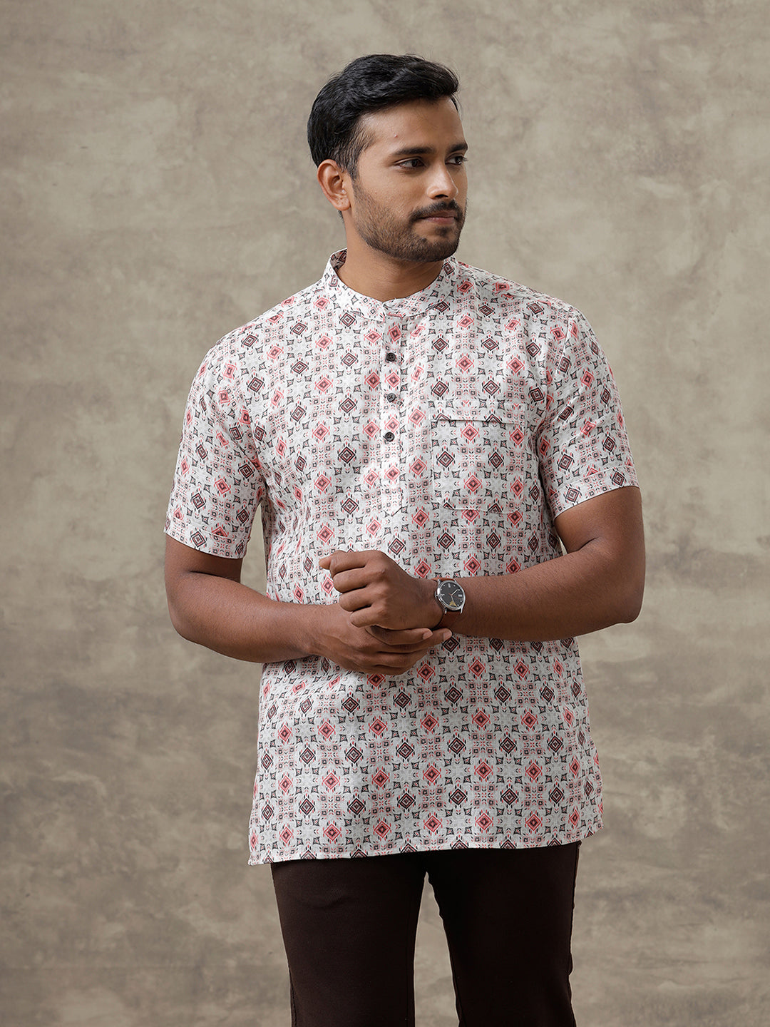 Men Cotton Short Length Printed Pocket Kurta Orangy Cream RI01
