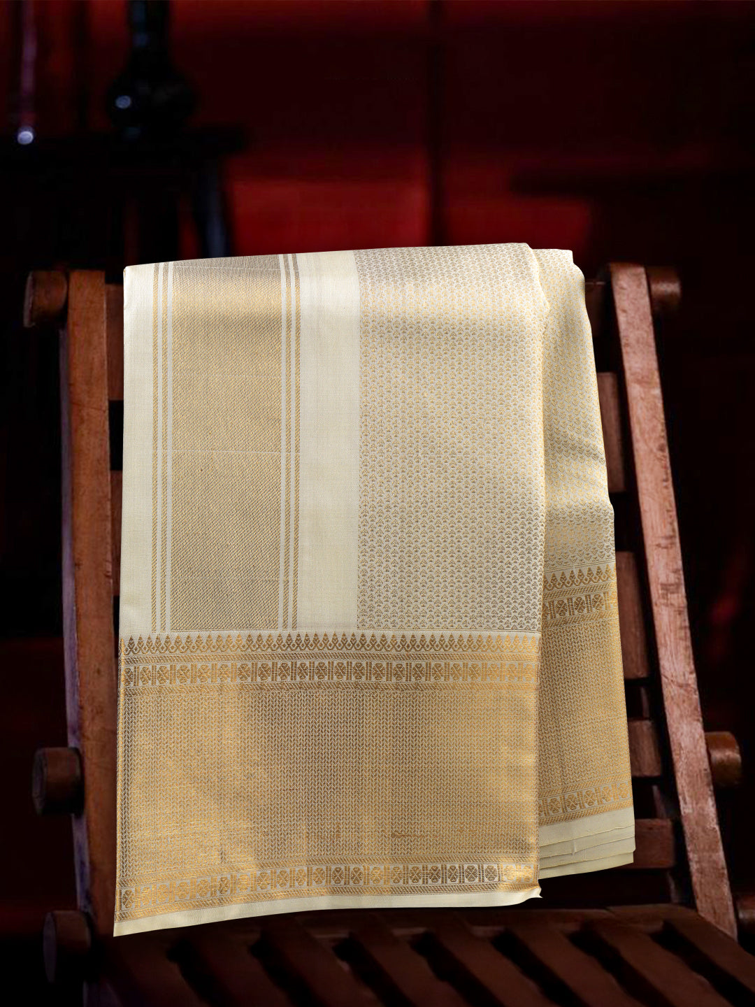 Men Luxury Premium Pure Silk Cream Dhoti & Towel Set with 6" inch Gold Jari Border Amirtham AM13