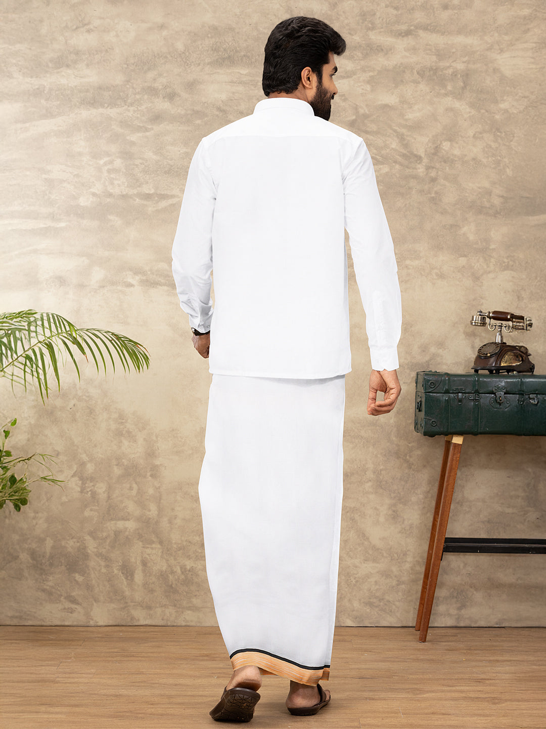 Men 100% Cotton Double Layer White Dhoti with Fancy Border PMF9