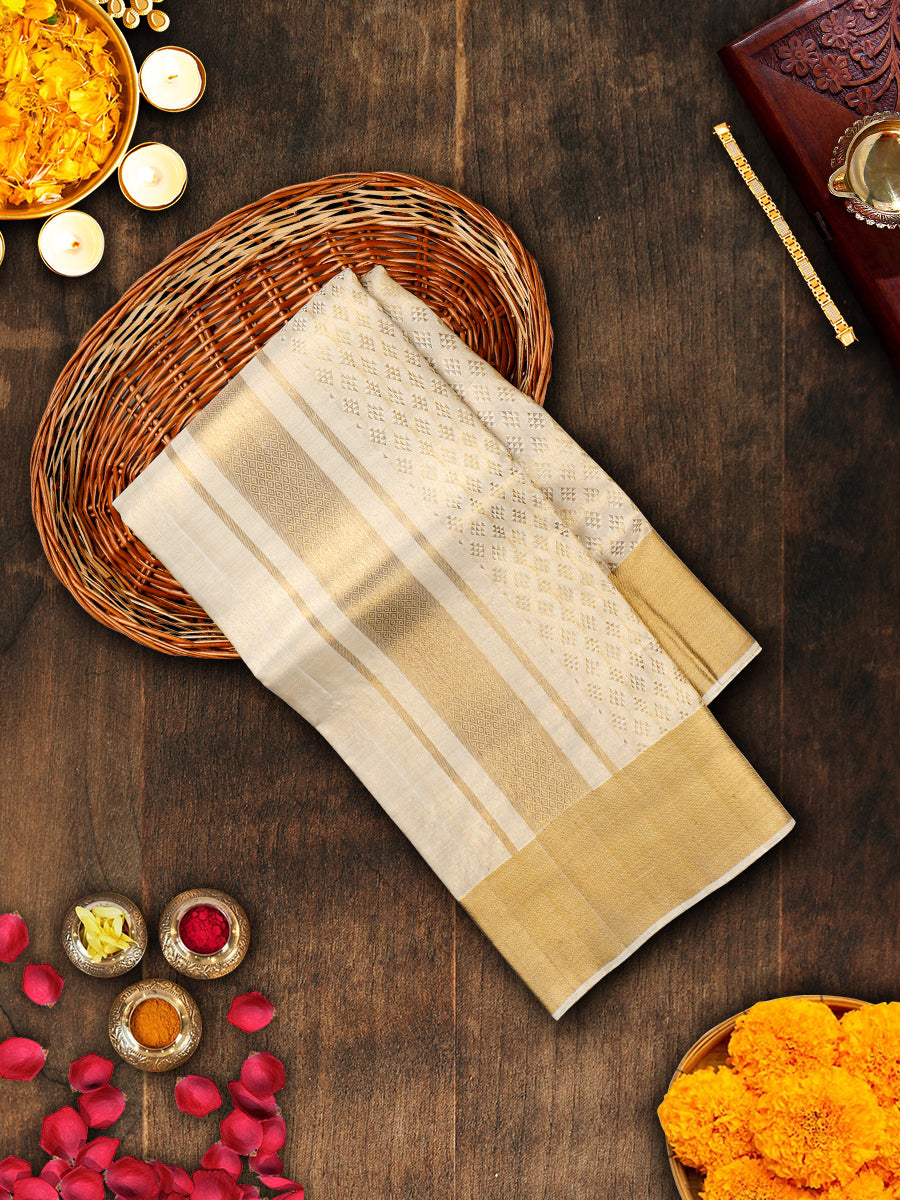 Premium Pure Silk Cream Diamond Design Tissue Jaquard Dhoti With Angavastram 4" Jari Border Agarshanaa-View two