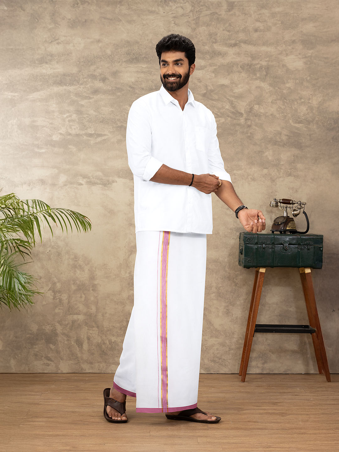 Men Cotton Blend Readymade Double Layer White Dhoti with Fancy Jari Border GFDA01