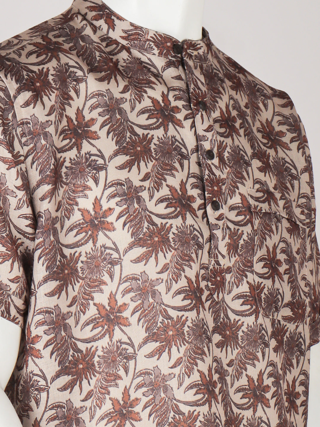 Men Cotton Short Length Printed Pocket Kurta Brown Leaf RI02