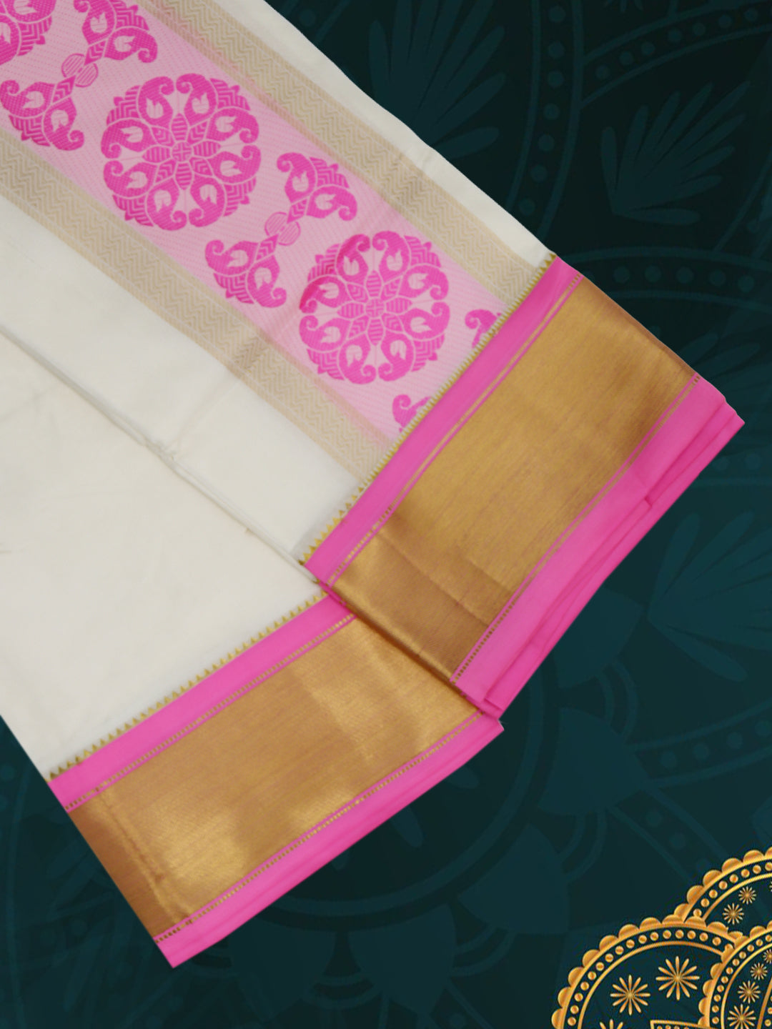 Men’s Pure Silk Cream Dhoti and Towel Set with 3-inch Pink & Gold Fancy Jari Border TF03