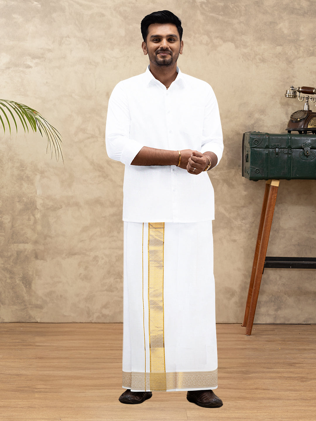 Men 100% Cotton Single Layer White Dhoti with Gold Jari Border Aura 336