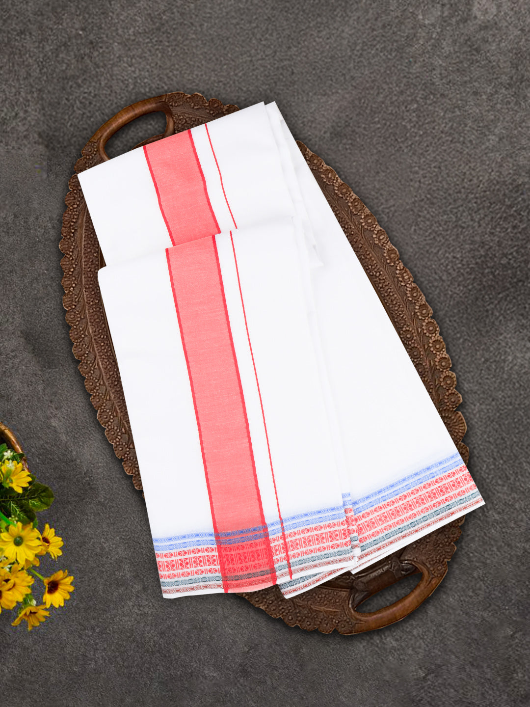 Men Cotton Red Fancy Border Panchakacham with Angavasthram Srirasthu(9+5) SR60
