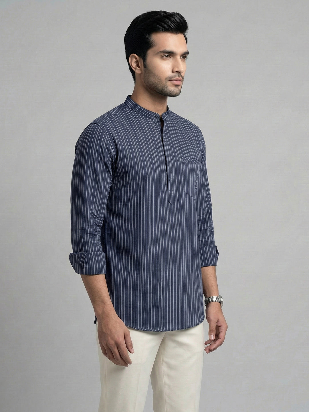 Men Cotton Short Length Striped Pocket Kurta Grey Blue RK81