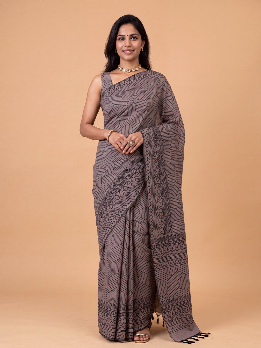 Women Pure Cotton Dark Purple with Black Printed Saree PCS284